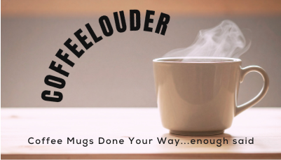 CoffeeLouder logo. Steaming cup of coffee on a table